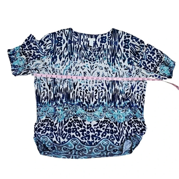 Chico's 3 XL Blue White Leopard Animal Print Flowy Boho Resort Y2K Blouse Top - Picture 5 of 6